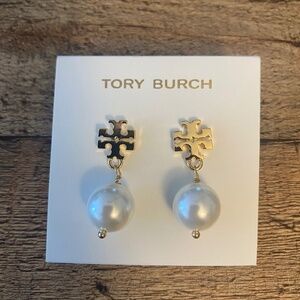 Tory Burch Golden T Logo White Pearl Earrings